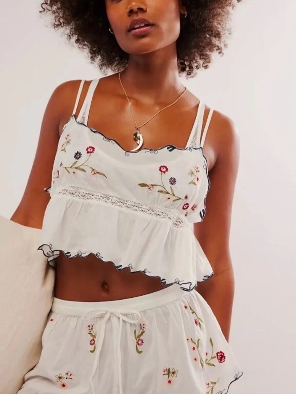 Intimately Free People Floral Embroidered Cami & Shorts Lounge Set Ivory - Picture 1 of 6